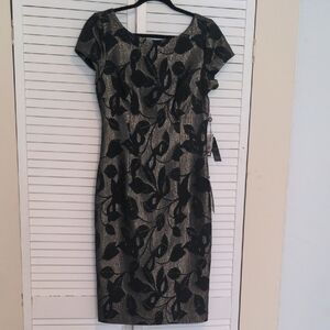 Adrianna Papell Black and Gold Floral Midi Dress